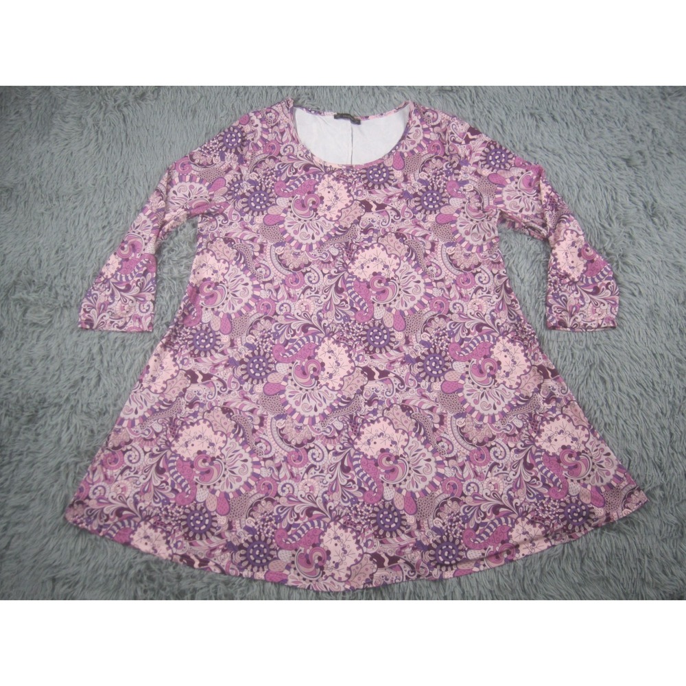 Womens XL Pink‎ Purple Fit and Flare Paisley Long Sleeve Scoop Neck Dress